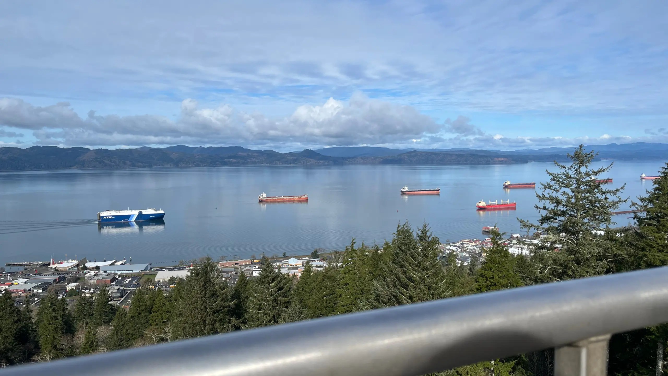 Photo of a series of boats seen from the top of the Astoria Column in Astoria, Oregon.