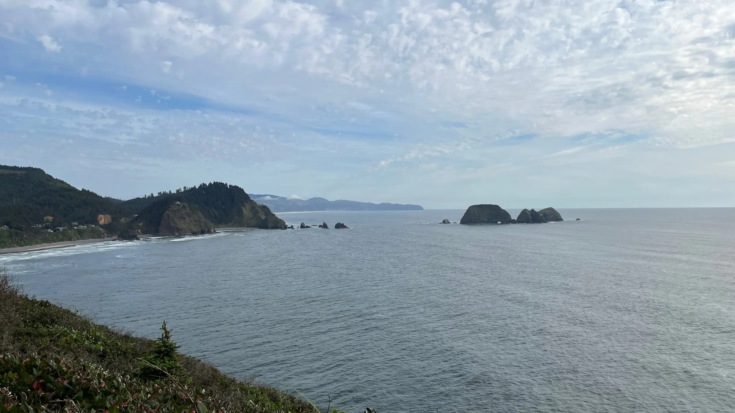 Photo of a cluster of large rock formations in the middle of the Pacific Ocean seen from the Cape Meares Lighthouse. One of the formations has a tunnel passing through it. Short Beach can be seen on the left.