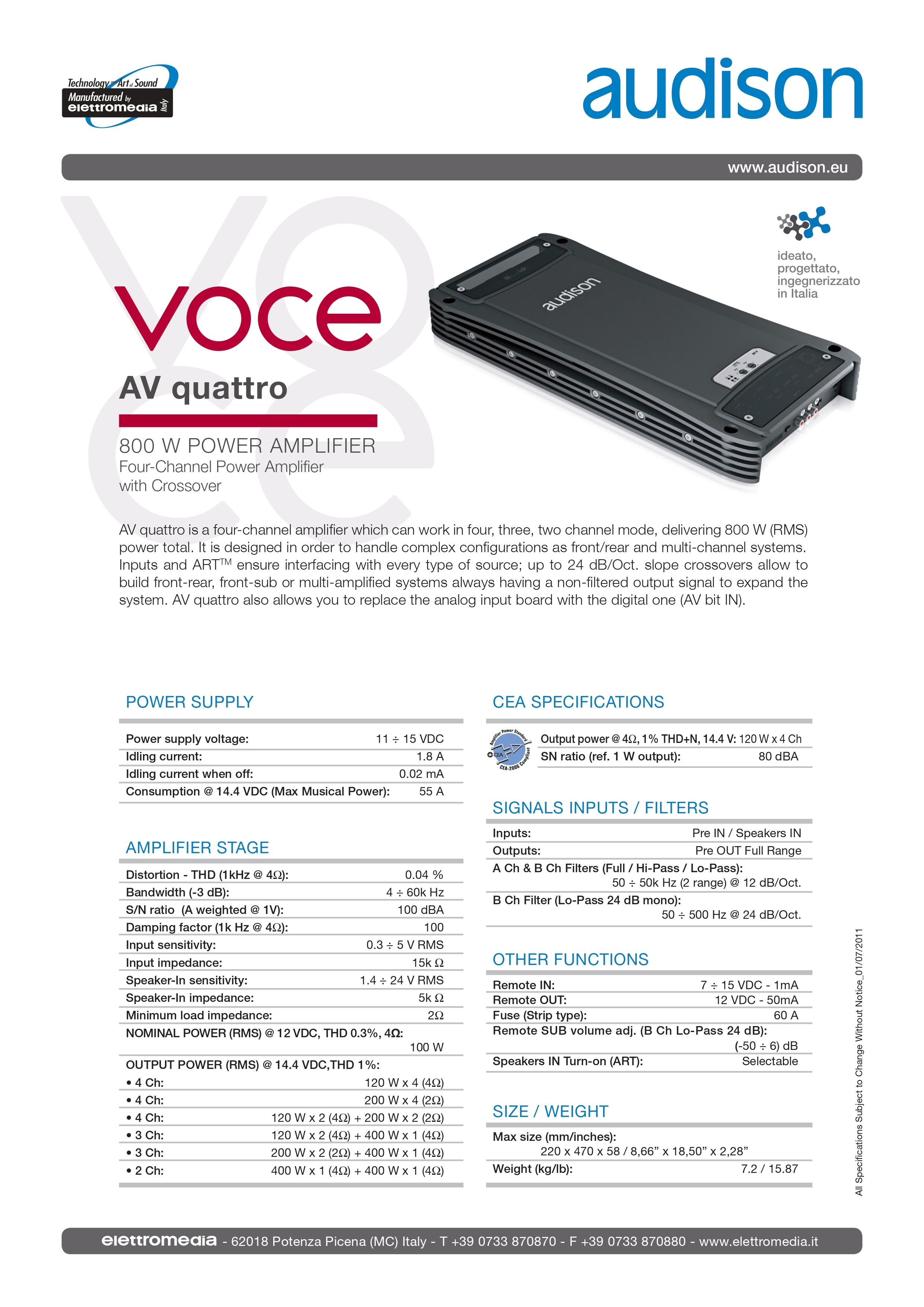 Audison Voce | AV Quattro - Four Channel Car Audio Amplifier