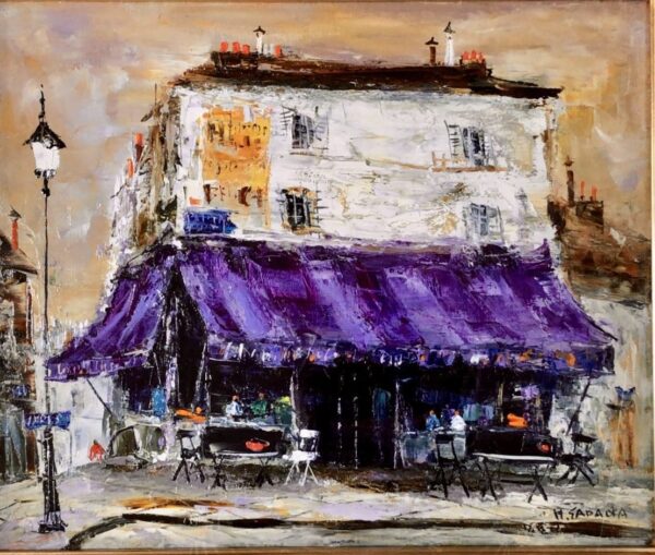 「真作」定岡宏「PARIS カフェロイ」風景画　油彩画　額装　サイン有り　SM号 真作」定岡宏「PARIS カフェロイ」風景画 油彩画 額装 サイン