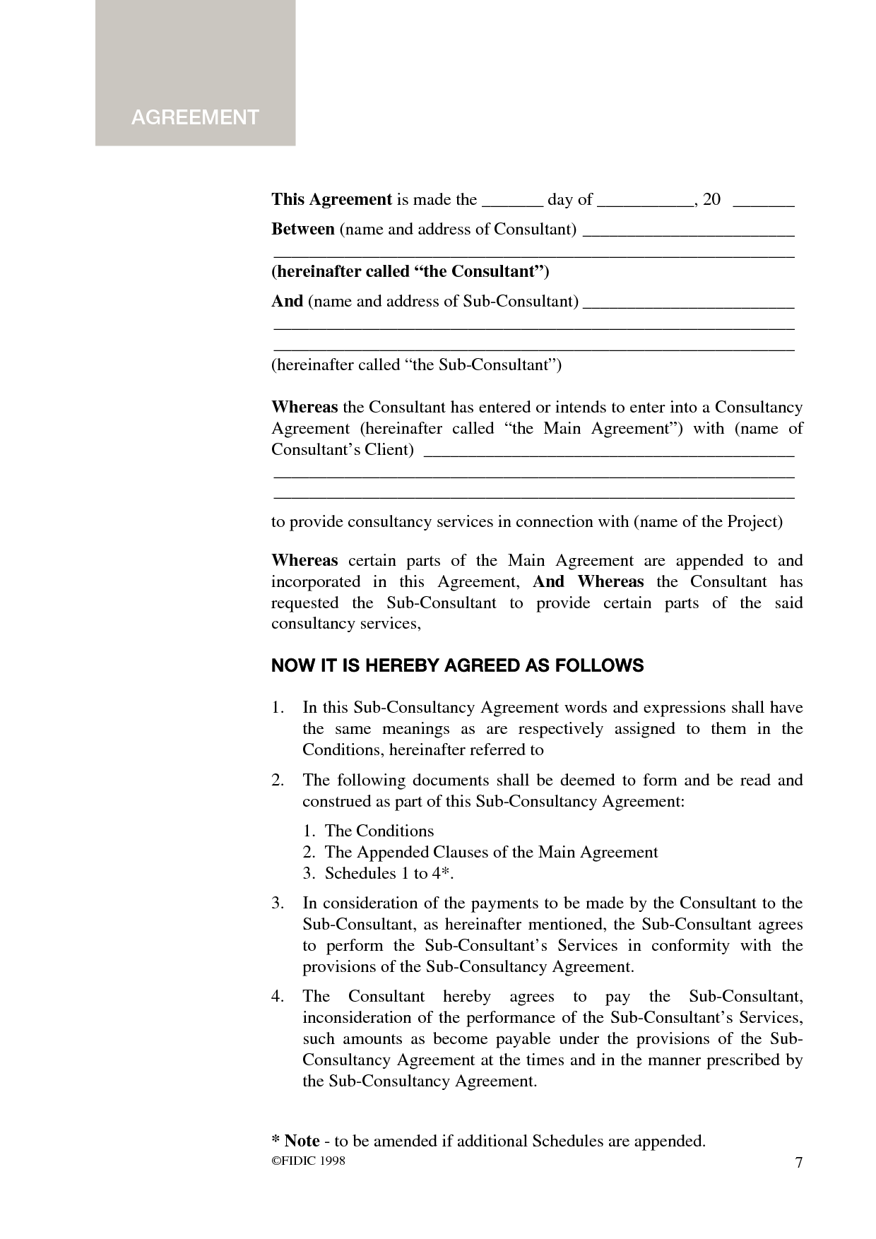 Fidic Sub Consultancy Agreement 1st Ed 1992 International Federation Of Consulting Engineers