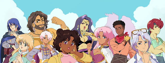 A colorful illustration featuring a diverse group of animated characters, standing together against a blue sky with clouds. The characters exhibit various poses and expressions, showcasing their unique hairstyles and outfits.