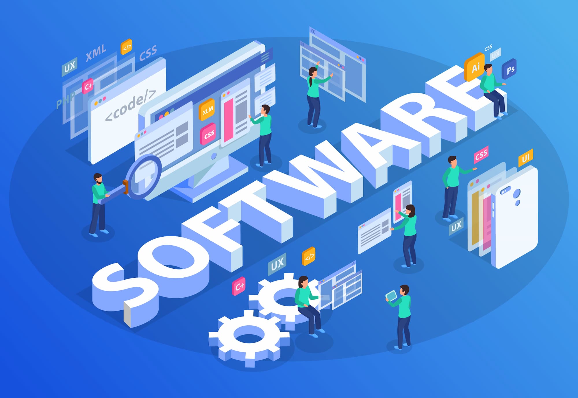 Software and service icons showing automated business efficiency.