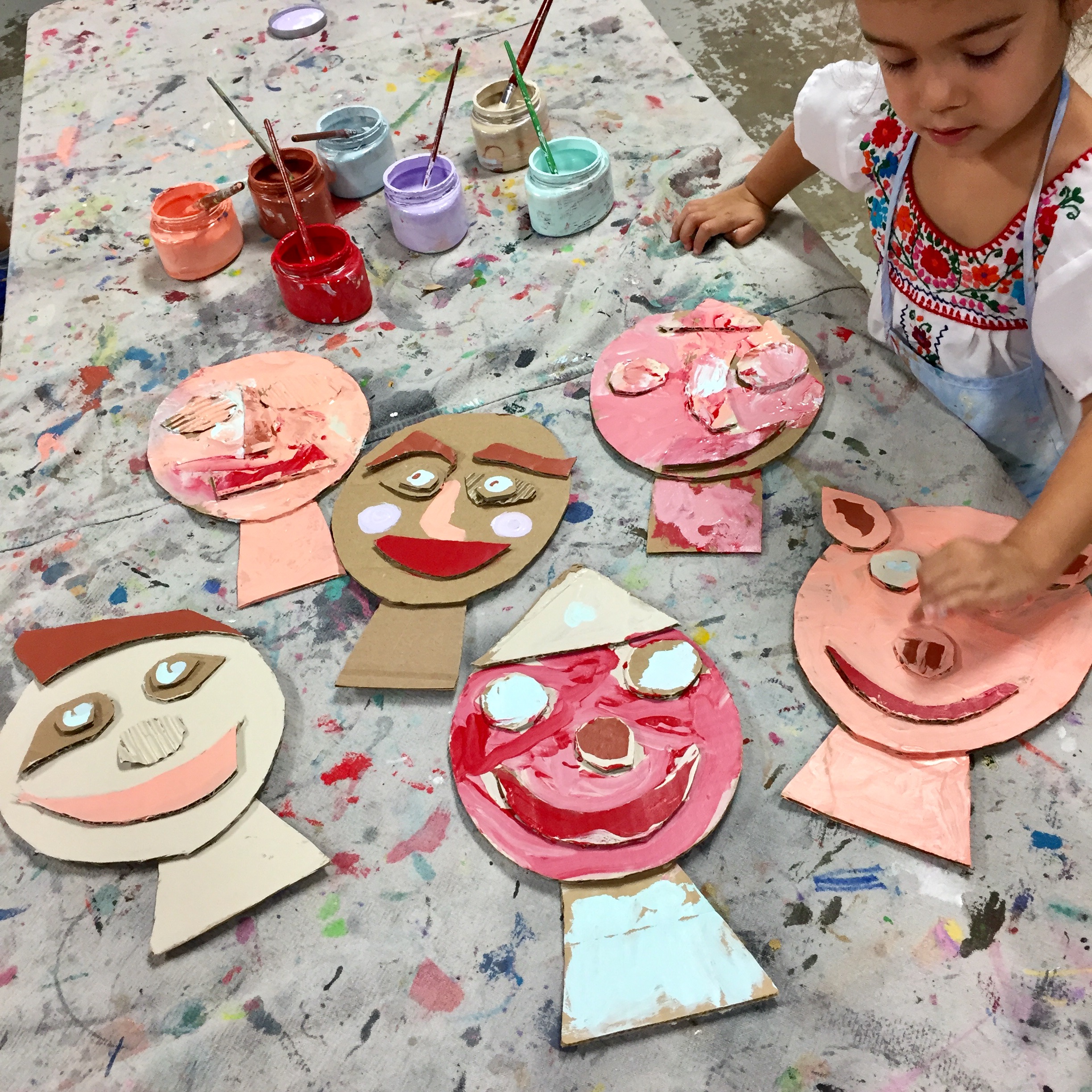 cardboard collage faces, process art, Barbara Rucci, Art Workshop for children, Wee Warhols, Austin