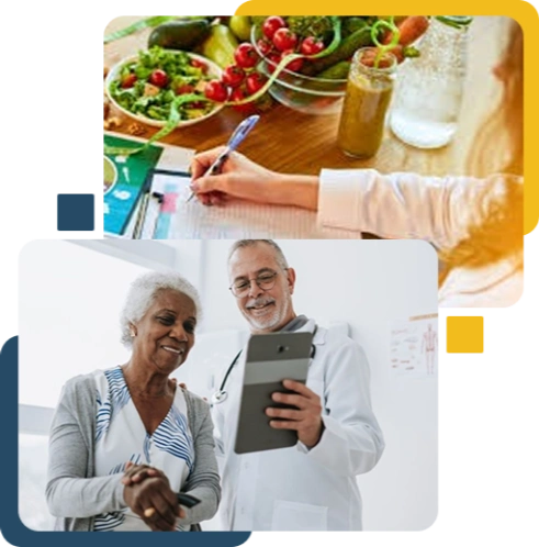 Healthy meal preparation with salads, oil, and herbs