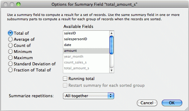 Summary Field dialog