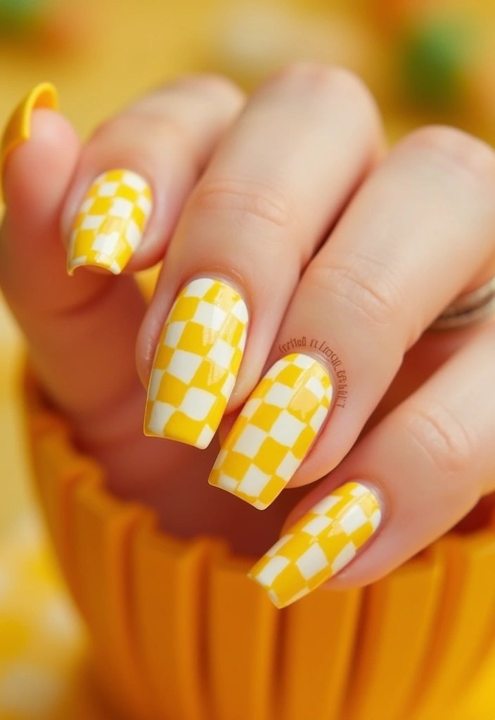 18 Vibrant Spring Yellow Nail Art Ideas to Celebrate the Season (Check Out #5!) - 18. Charming Checkerboard