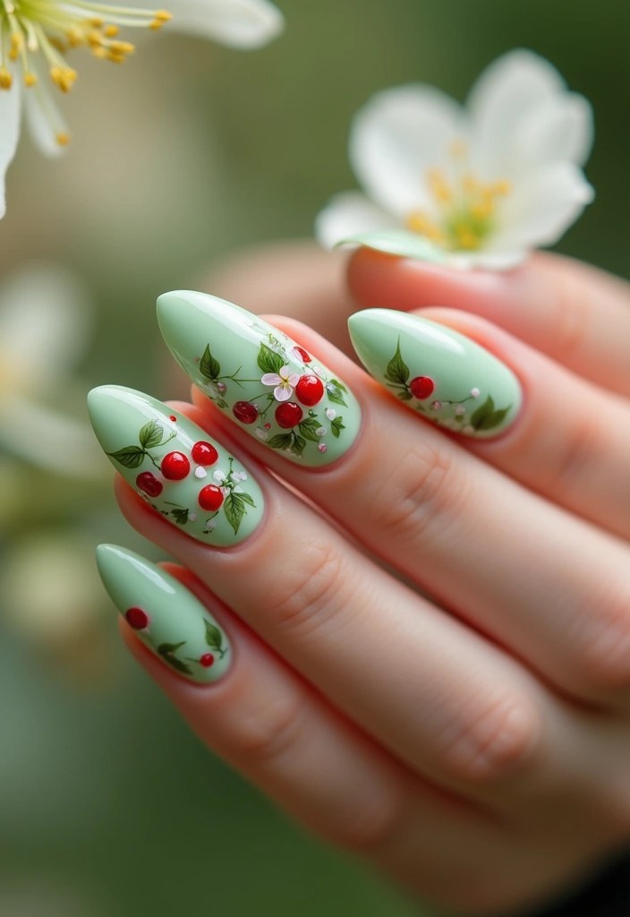25 Creative Cherry Nail Designs That Will Make You the Center of Attention (Love #14!) - 19. Cherries in the Garden