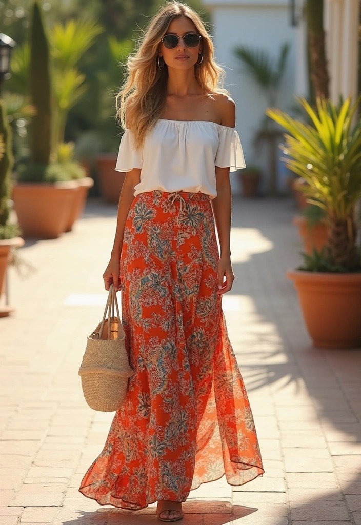 25 Dressy Summer Outfits for Women Over 40 That Will Make You Feel Fabulous! 39 19 Dressy Summer Outfits for Women Over 40 That Will Make You Feel Fabulous! - 21. Vibrant Off-Shoulder Maxi Skirt