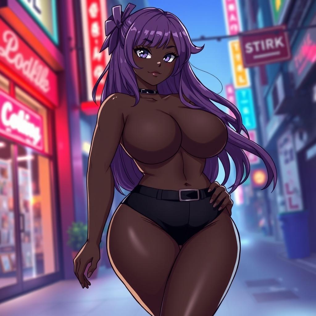 Confident Black Anime Girl with Purple Hair in Stylish Outfit