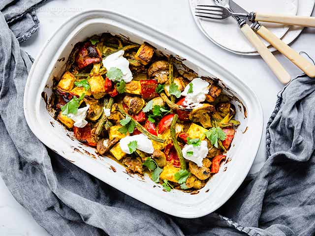 Grilled bellpepper, carrot and mushrooms, healthy accompaniment. Keto Indian Curry Paneer Tray Bake Ketodiet Blog