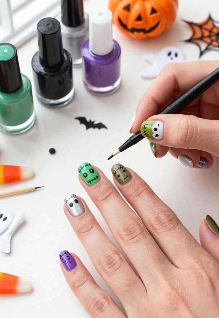 17 Easy DIY Halloween Nail Designs Anyone Can Recreate at Home (Even Beginners Can Nail #5!) - 8. Tiny Frankenstein Faces