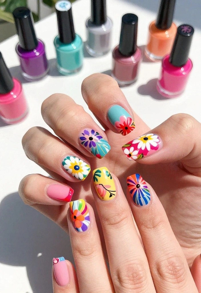 20 Colorful Floral Nail Ideas for Summer That Will Brighten Up Your Days! - 17. Festive Fiesta Flowers