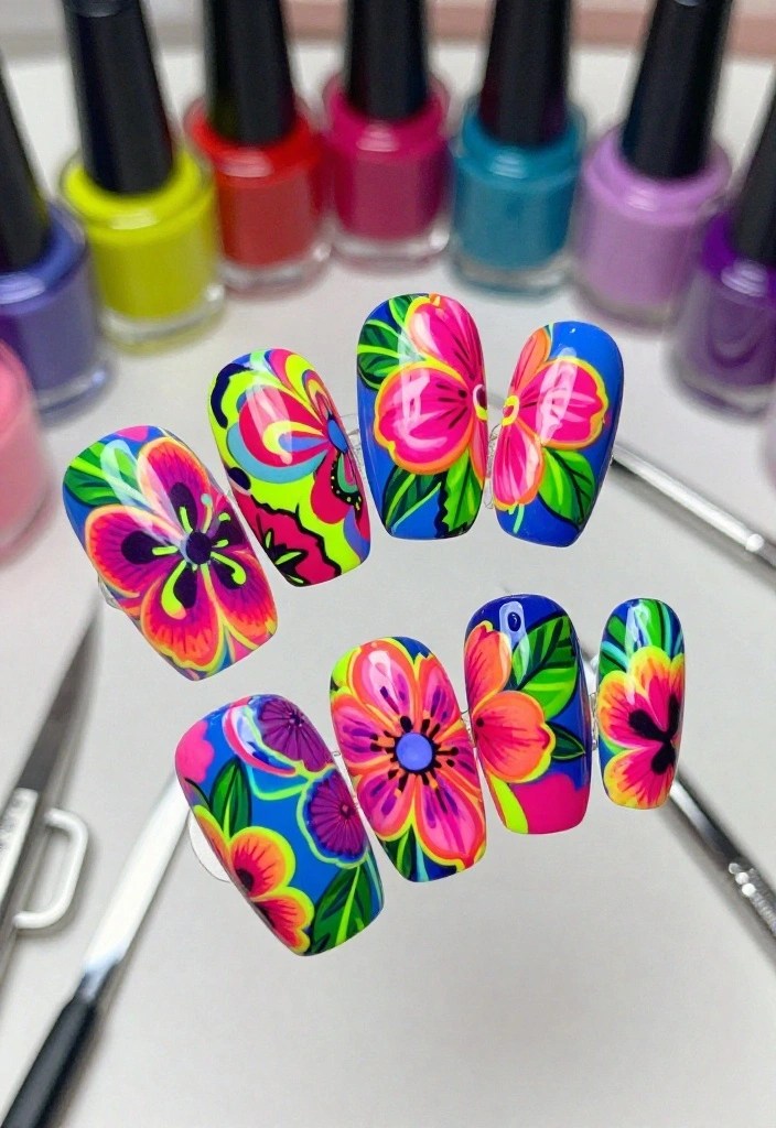 20 Colorful Floral Nail Ideas for Summer That Will Brighten Up Your Days! - 11. Neon Floral Fiesta