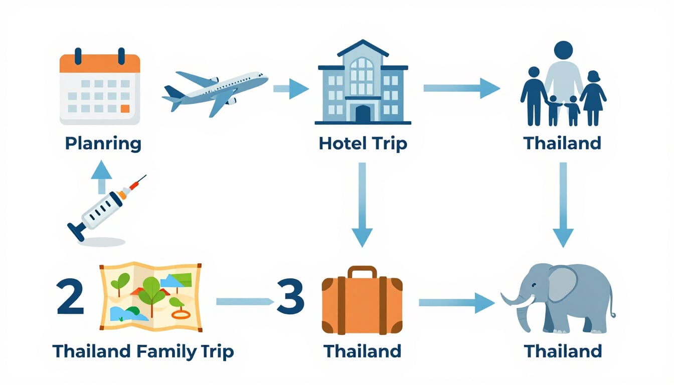 Step-by-step planning process flow for organizing a Thailand trip with the family from start to departure