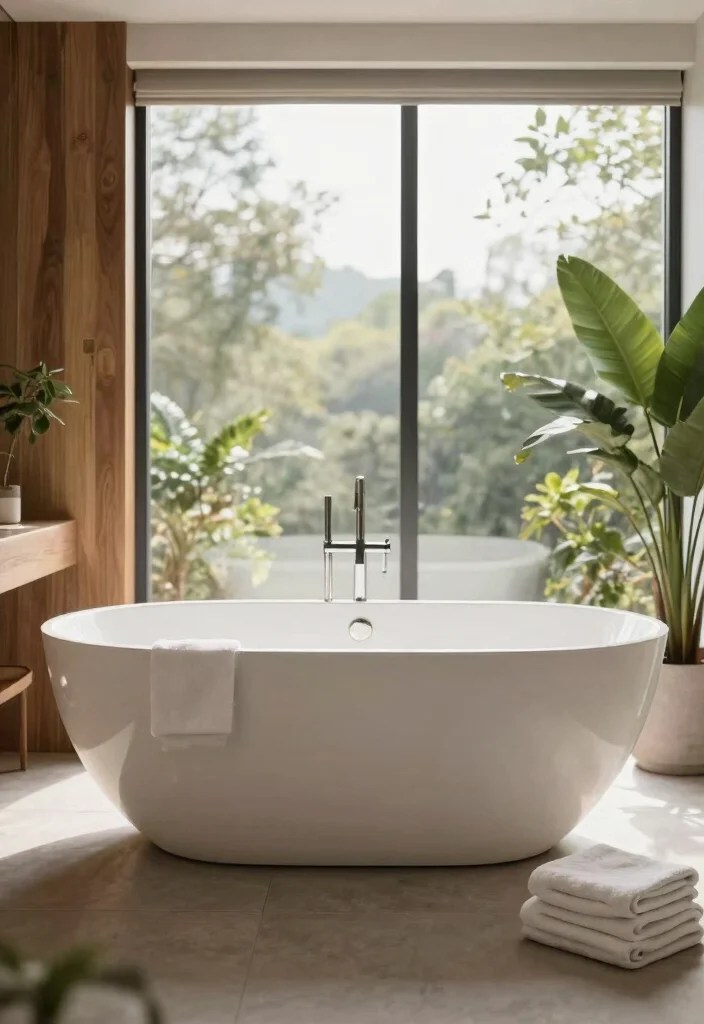 Freestanding farmhouse bathtub near window with natural light