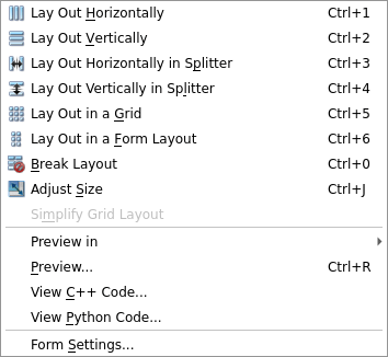 Menu de formulaire Qt Designer