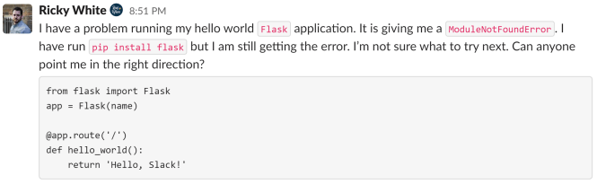Exemple de bloc de code Slack