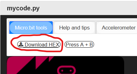Le bouton Télécharger HEX dans l'éditeur create.withcode