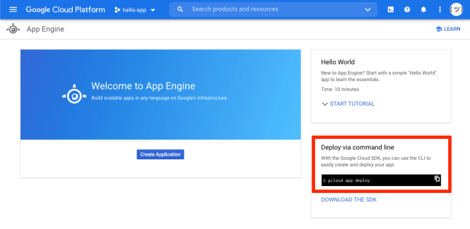 Nouvelle page de projet avec la commande CLI gcloud suggérée en surbrillance