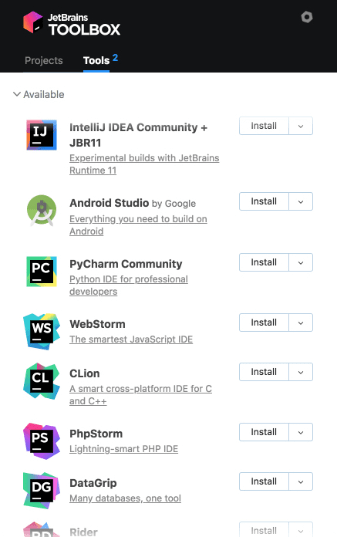 PyCharm installé avec l'application Toolbox