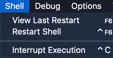 la barre de menus pour IDLE avec le menu Shell affiché, affichant les options de vue dernier redémarrage, redémarrage du shell et interruption de l'exécution