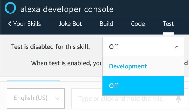 Section de test de la console développeur Alexa