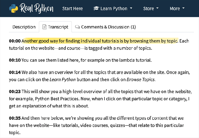 Transcriptions interactives pour les vidéos Real Python
