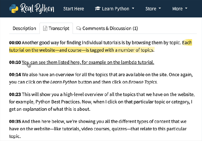 Phrases cliquables dans les transcriptions vidéo Real Python