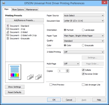 In this guide, we show you the steps to use the windows update catalog website to download printer drivers, and the steps to install the device on your windows 10 device. Selecting Basic Print Settings - Epson Universal Print