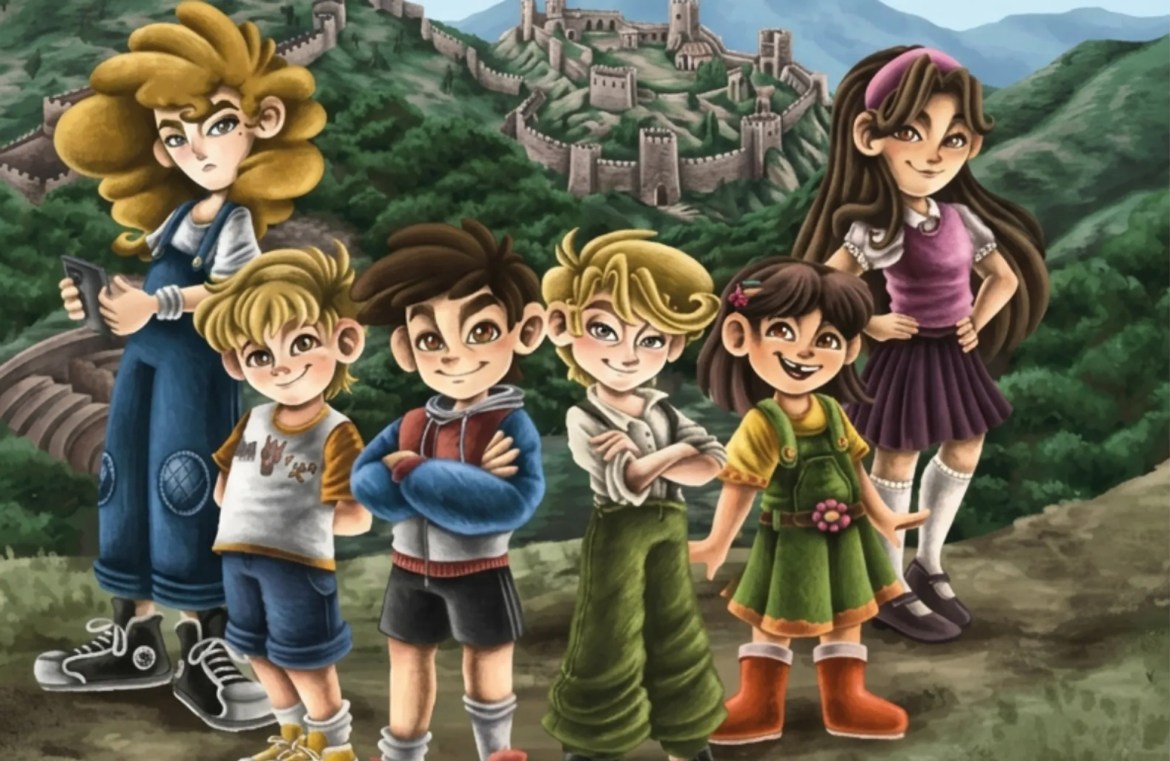 Personajes de Las Leyendas de Hesperia ante una ciudad amurallada