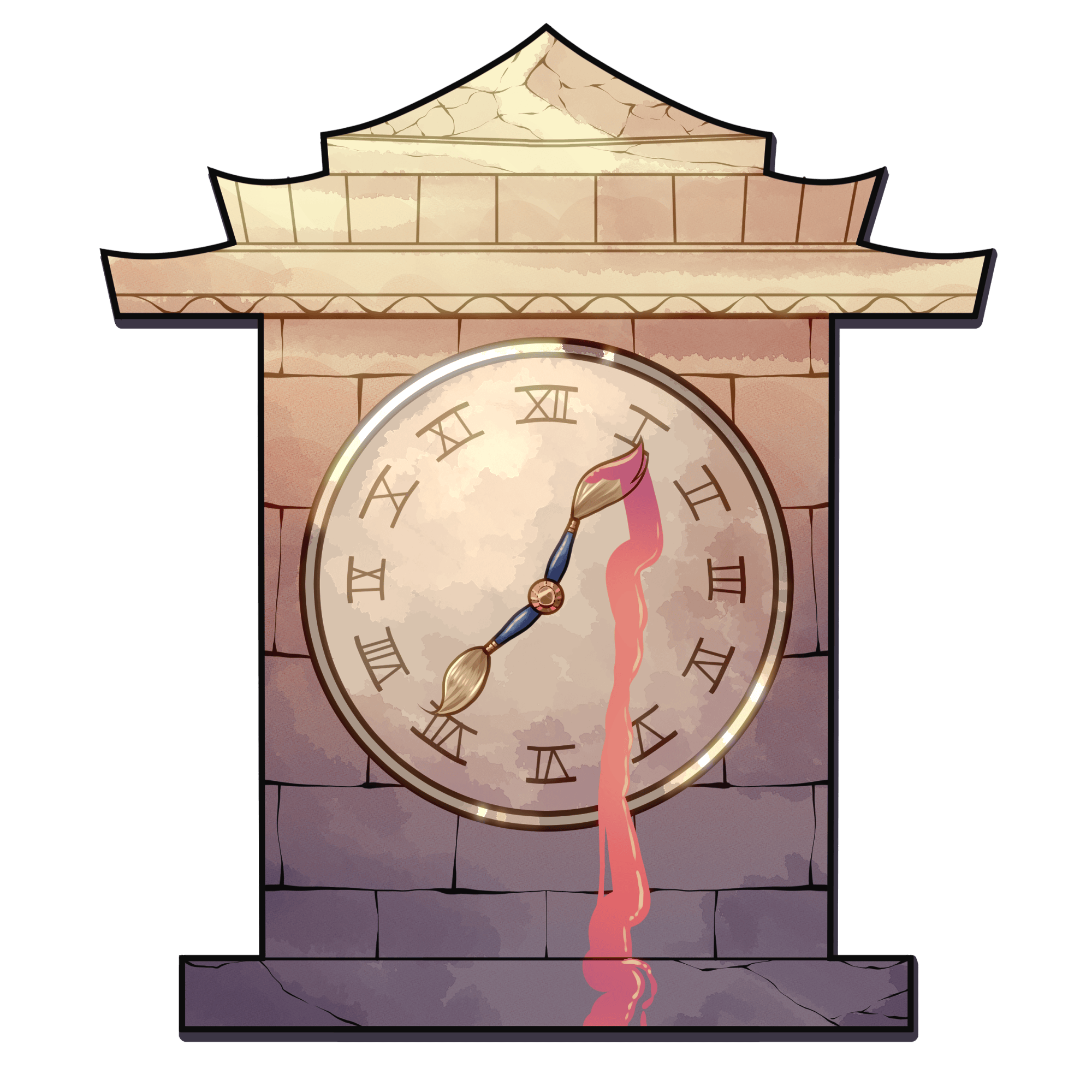 A clcoktower with paintbrushes for clockhands and red liquid dripping from one brush
