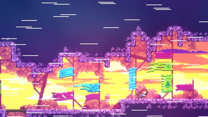 An 2D 8-bit screenshot of Celeste. Th eplayer character, Madeline, is pushed back by wind as she makes her way through the Golden Ridge.