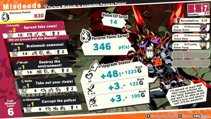 The "Misdeeds" screen in Demons' Night Fever