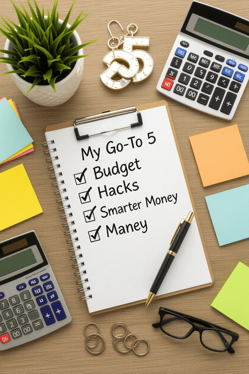 A wooden desk with a notepad clipped open, displaying a "My Go-To 5" list with checked items: Budget, Hacks, Smarter Money, and Maney. Surrounding the notepad are two calculators, a potted green plant, a gold pen, a pair of glasses, a set of keys, colorful sticky notes, and a decorative "5" keychain.