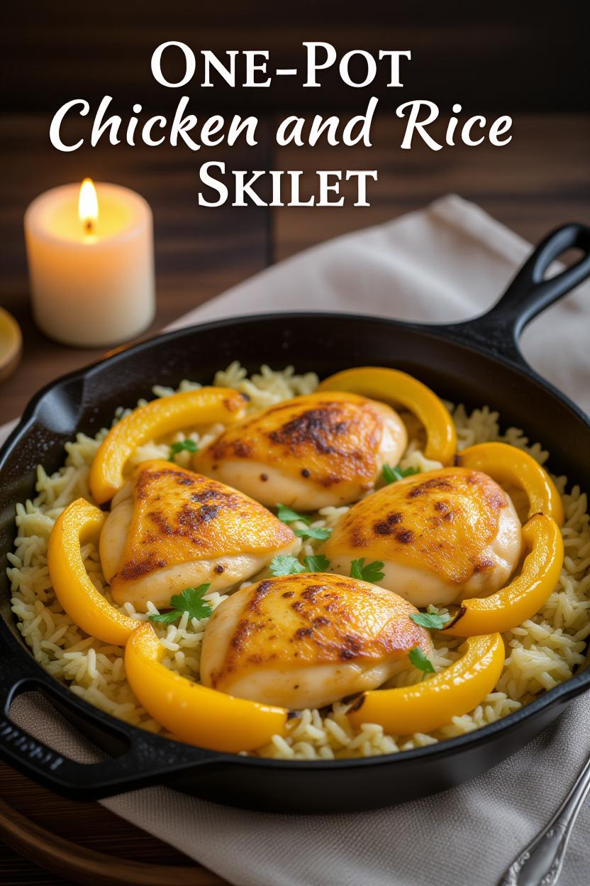 A black cast-iron skillet containing a one-pot chicken and rice dish, featuring golden-brown chicken thighs arranged on a bed of fluffy rice, garnished with fresh parsley. Sliced yellow bell peppers are placed around the chicken. The skillet is set on a table with a lit candle and a beige napkin in the background, with the text "ONE-POT Chicken and Rice SKILLET" overlaid at the top in white.