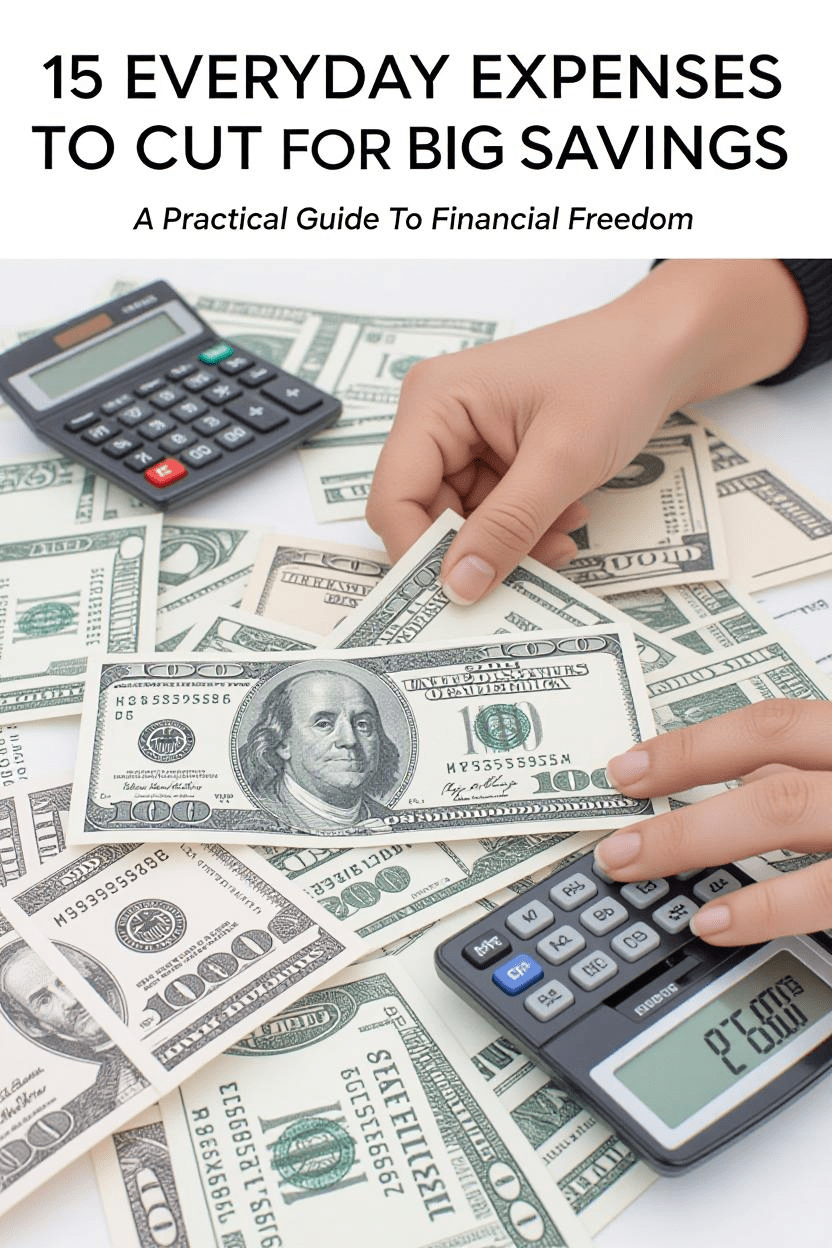 A detailed infographic illustrating 15 common everyday expenses to cut for saving money, such as food delivery, cable TV, dining out, and coffee shop visits, with icons and estimated annual savings figures, set against a background of dollar bills and piggy banks.