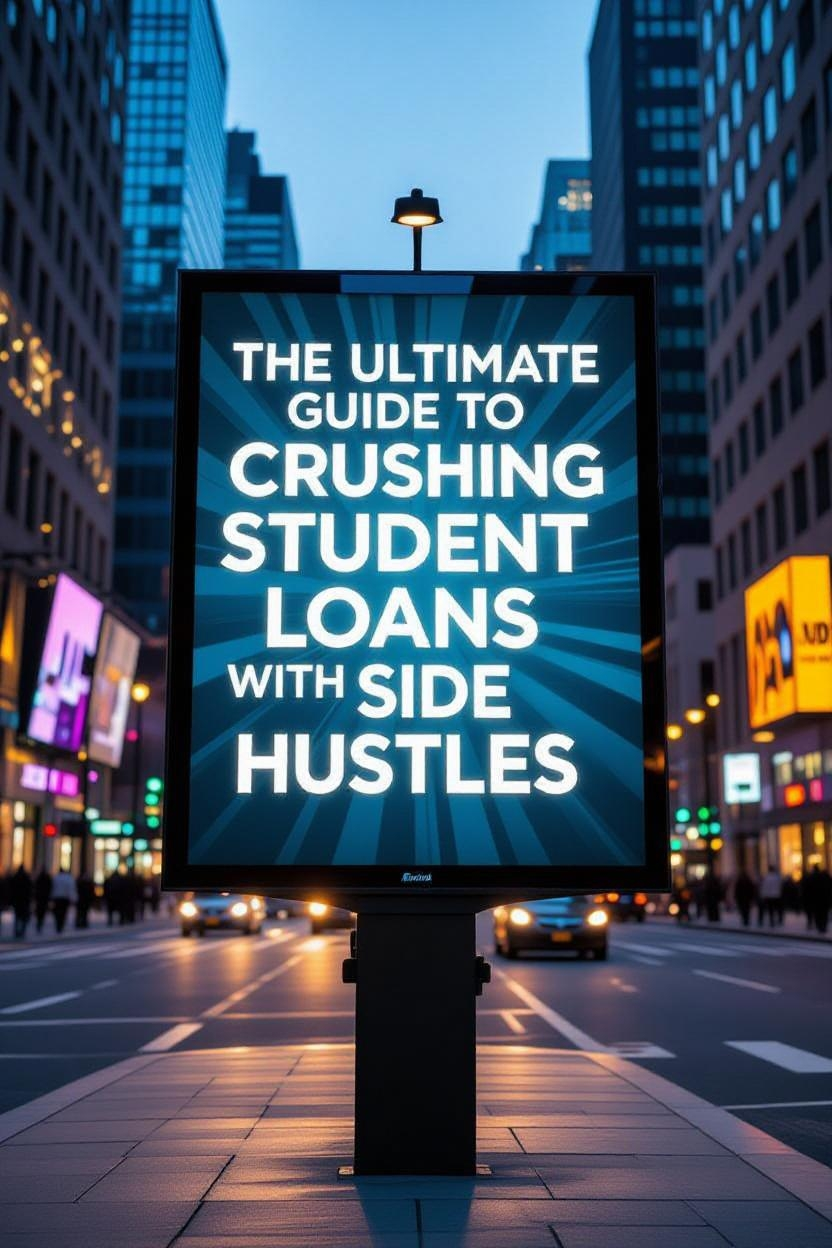 A person sits at a desk with a laptop, surrounded by papers and a calculator, symbolizing financial planning and side hustle work to pay off student loans. The background features a piggy bank and a graduation cap, representing savings and education. The scene is brightly lit, conveying optimism and determination.