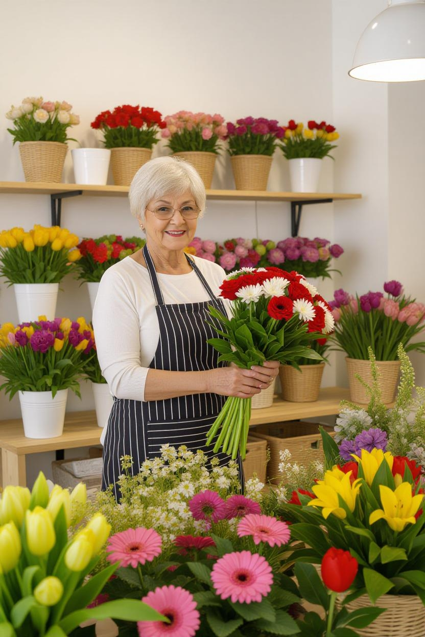 a senior citizen working in a florist making a boquet.