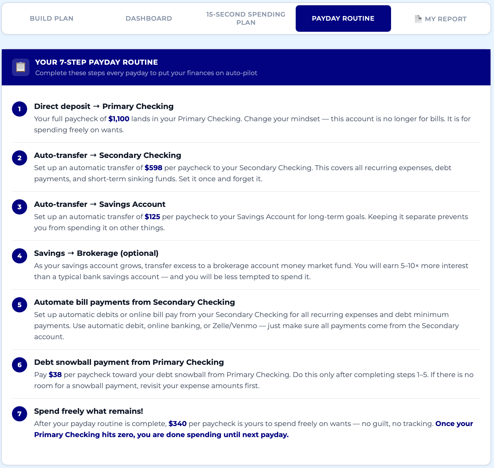 Payday routine section of the 15-Second Spending Plan Tool