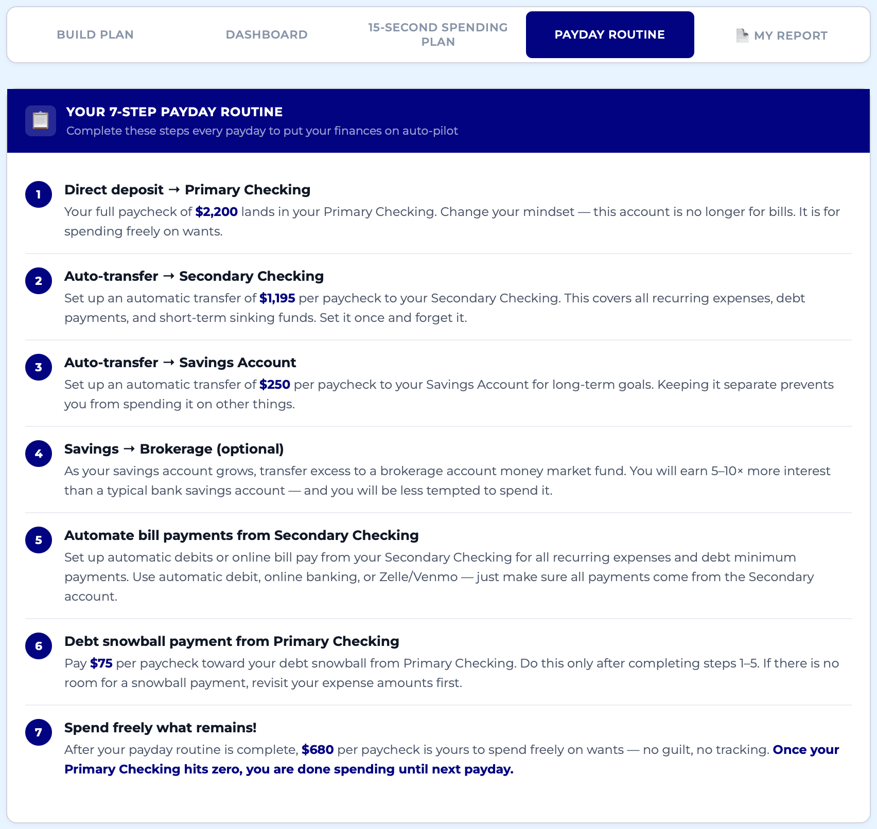 Payday routine section of the 15-Second Spending Plan Tool