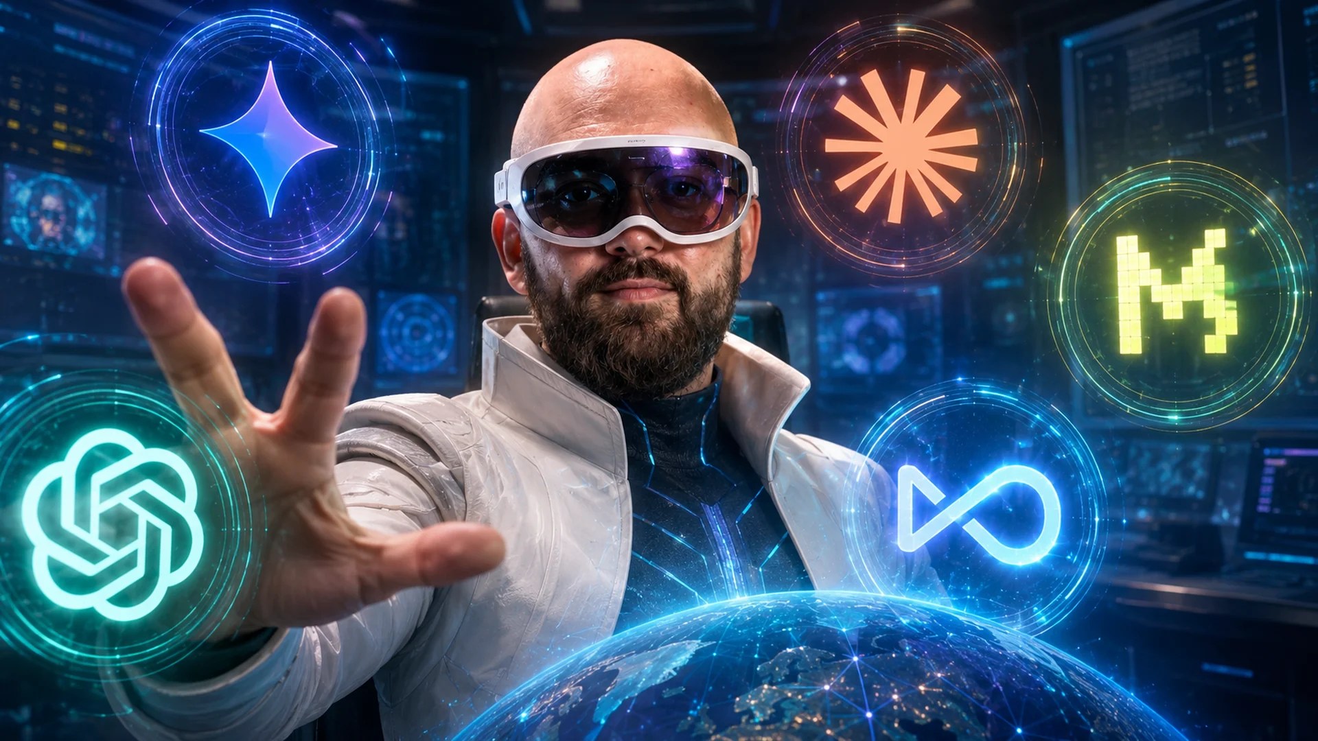 איגור בסקין מוקף בסמלים של כלי AI מובילים, המחשה למדריך בחירת כלי AI לעבודה
