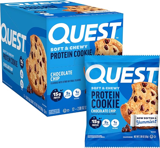 12 pack box of 2.08 ounce Quest protein cookies, chocolate chip flavor. Soft and chewy cookies in blue packaging, with 15 grams of protein.