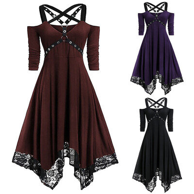 Women Dress Gothic Steampunk Lace Plus Size Irregular Swing Shoulderless Strapp Women Dress Gothic Steampunk Lace Plus Size Irregular Swing Shoulderless Strapp