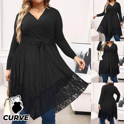 Plus Size Curvy Women Lace Wrap V Neck Mini Dress Ruffle Swing Long Tops Blouse Plus Size Curvy Women Lace Wrap V Neck Mini Dress Ruffle Swing Long Tops Blouse