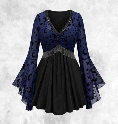 New Black Gothic Moon & Stars Blue Mesh Flared Sleeve Blouse size 3XL 22 24 26 New Black Gothic Moon & Stars Blue Mesh Flared Sleeve Blouse size 3XL 22 24 26