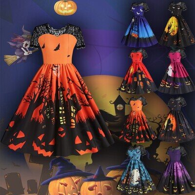 Halloween Womens Gothic Punk Witch Costume Ladies Lace Swing A Line Fancy Dress Halloween Womens Gothic Punk Witch Costume Ladies Lace Swing A Line Fancy Dress