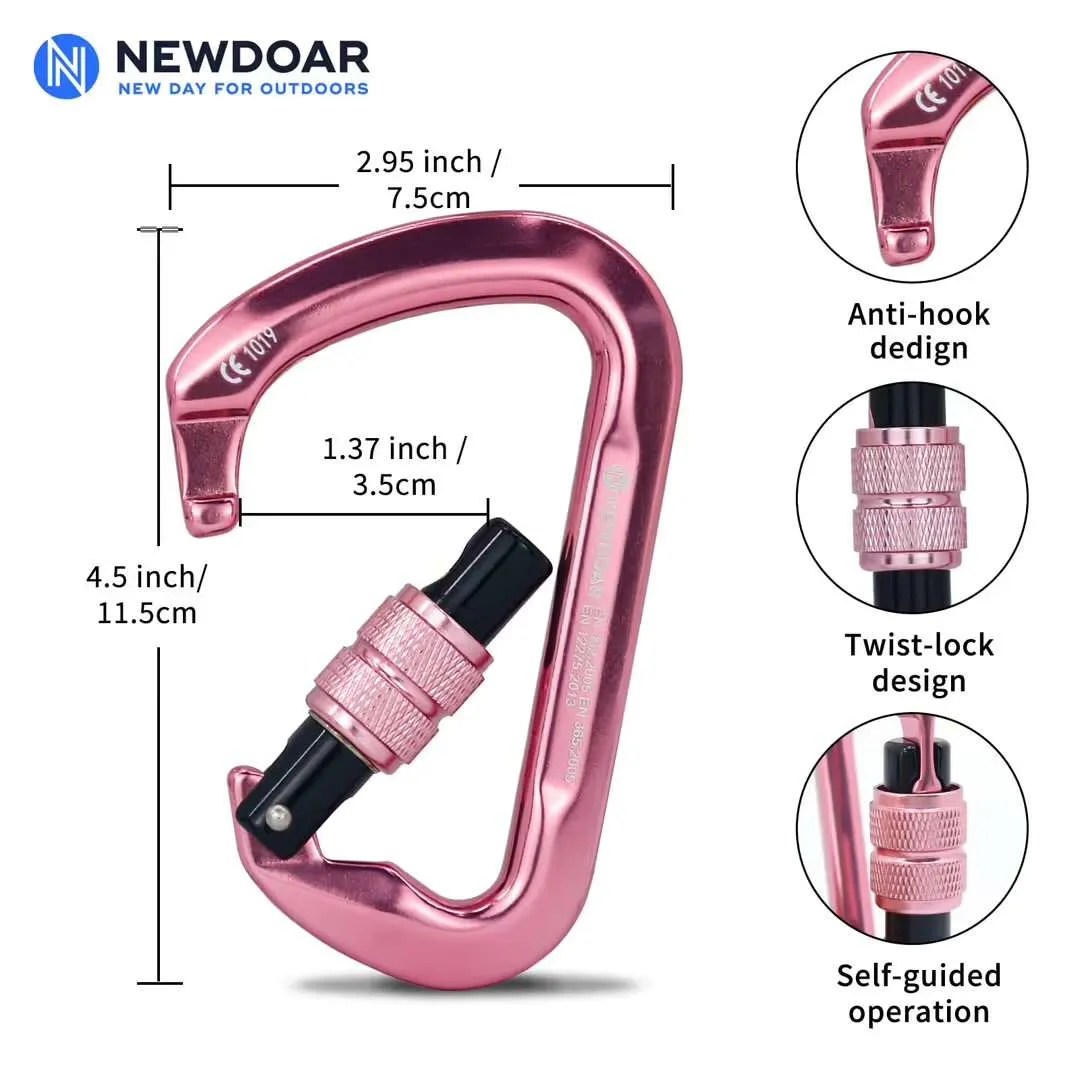30kN CE Certified D Screwgate Carabiner – Heavy-Duty Locking Climbing Clip – Pink