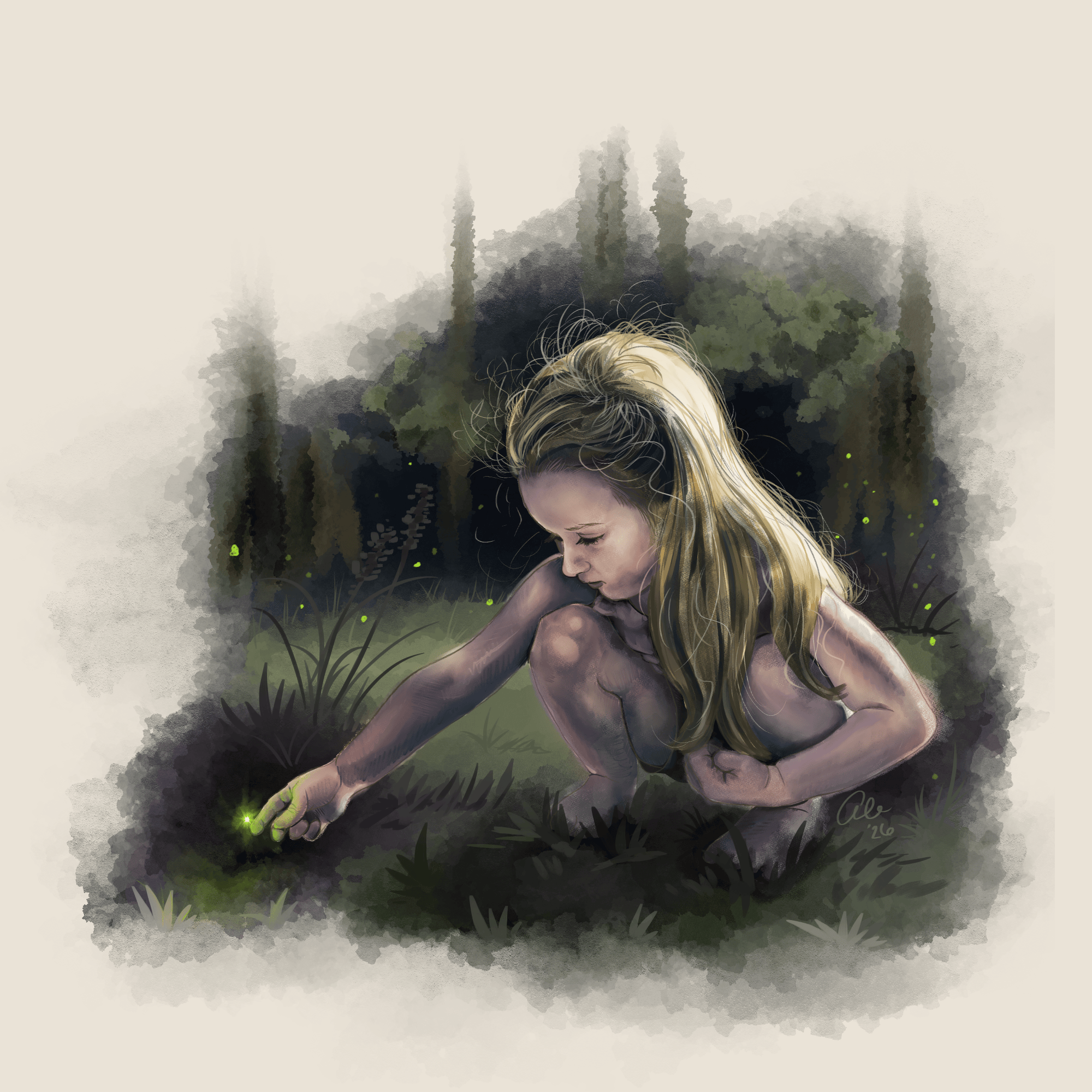 Painted illustration of a child discovering a glowing firefly at night