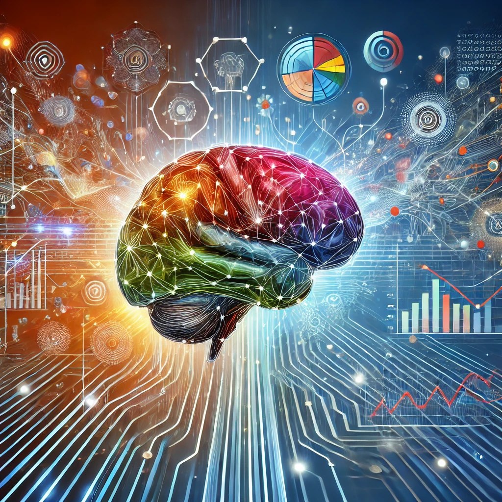 כלים לפיצוח מחשבת לקוח- תמונה המתארת חיבור בין מוח אנושי לדפוסי מחשבה, עם גרפים ותהליכים שמסמלים הבנת לקוחות ושיפור התקשורת העסקית.